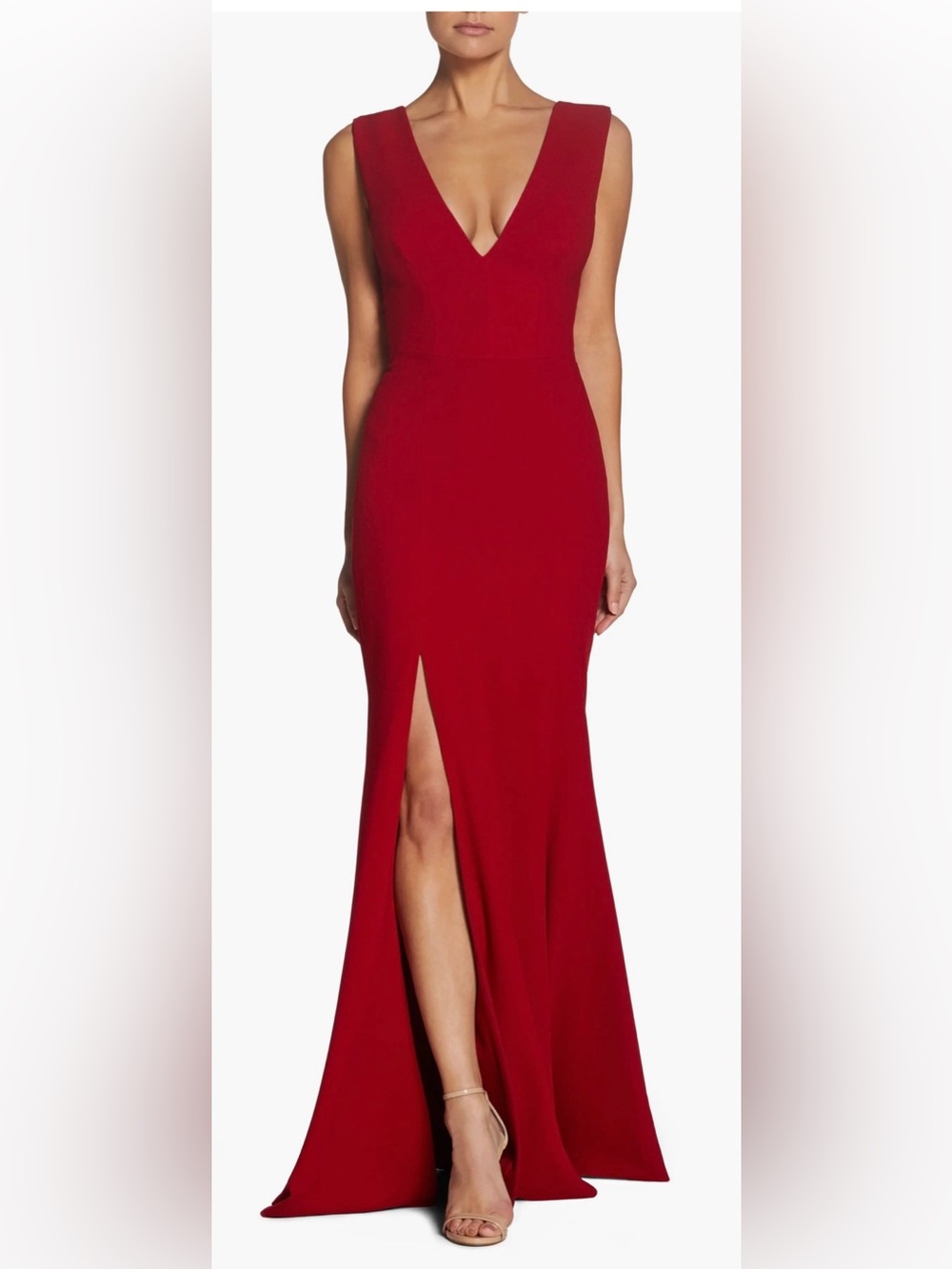 Dress the Population Red V-Neck Maxi Dress with Front Slit